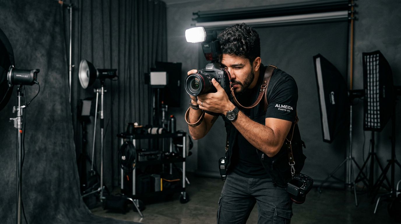 Fotógrafo profissional utilizando flash em sessão de estúdio