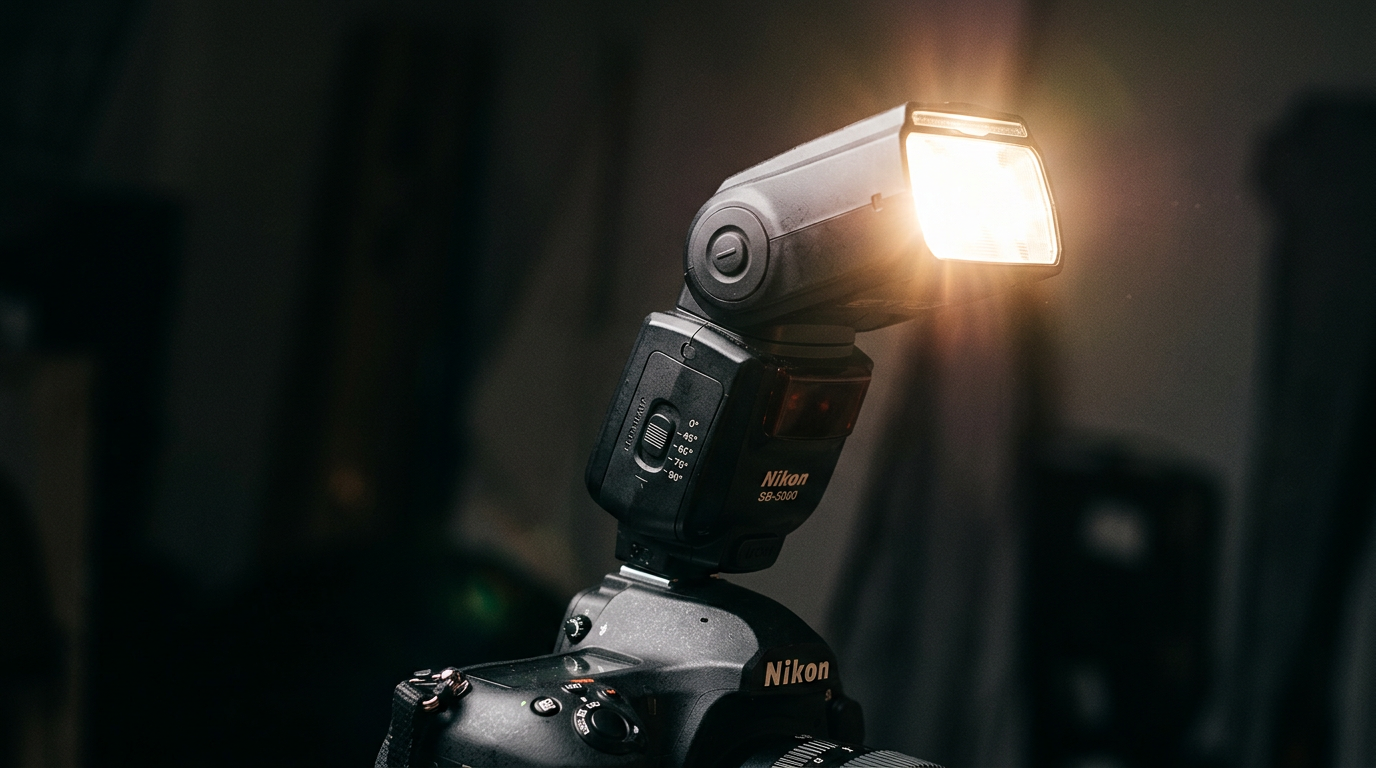 Detalhe de flash speedlight em posição bounce
